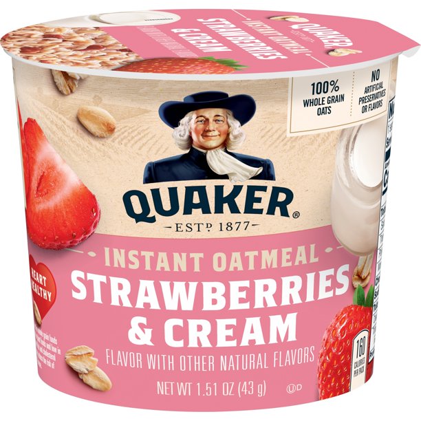 Quaker Instant Oatmeal Cup, Strawberries & Cream, 1.51 oz Cup Walmart