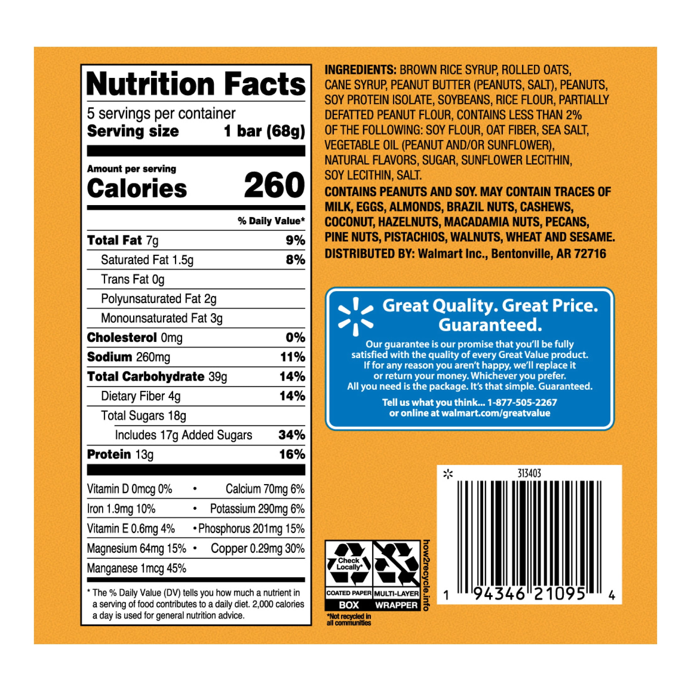 (4 pack) Great Value Energy Bar, Crunchy Peanut Butter, 2.4 oz, 5 Count
