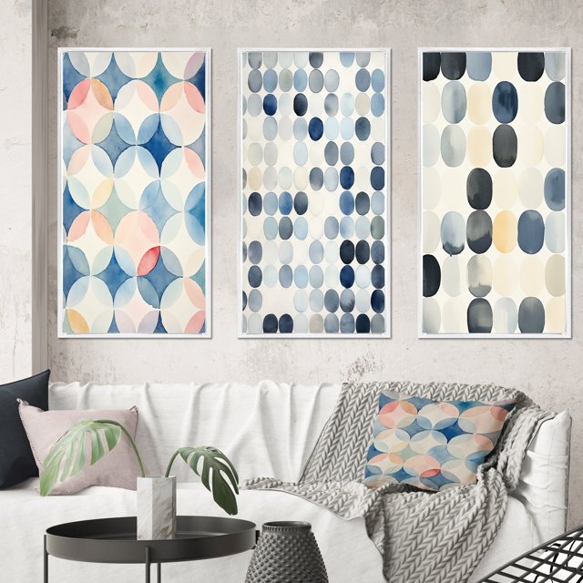 Designart "Circular Retro Watercolor Indigo Secrets V" Modern Geometric Framed Wall Art Set Of 3 - Blue Abstract Frame Canvas Set For Living Room Decor