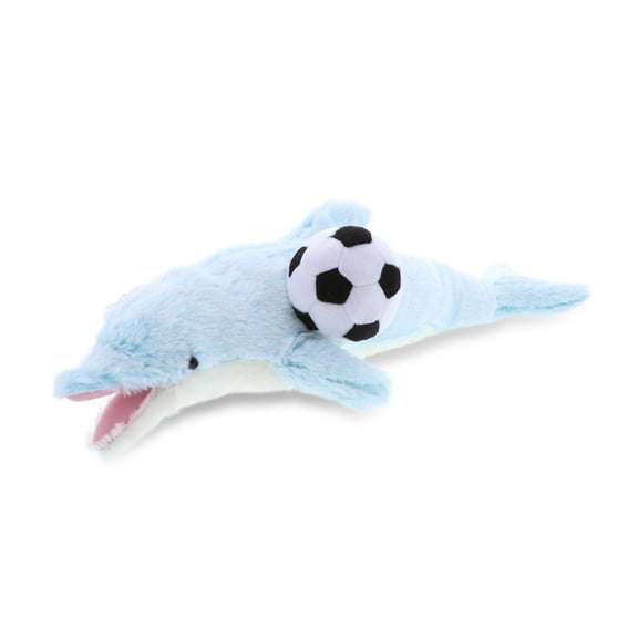 DolliBu Dolphin Stuffed Animal with Soccer Ball Plush - Soft Plush Huggable Dolphin, Adorable Playtime Plush Toy, Cute Ocean Life Gift, Soccer Plush Doll Animal Toy for Kids and Adults - 18 Inch