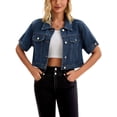 thumbnail image 1 of Chaqueta de mezclilla recortada de manga corta con botones y deshilachada para mujer INSPIRE CHIC, azul oscuro, talla M, 1 of 6