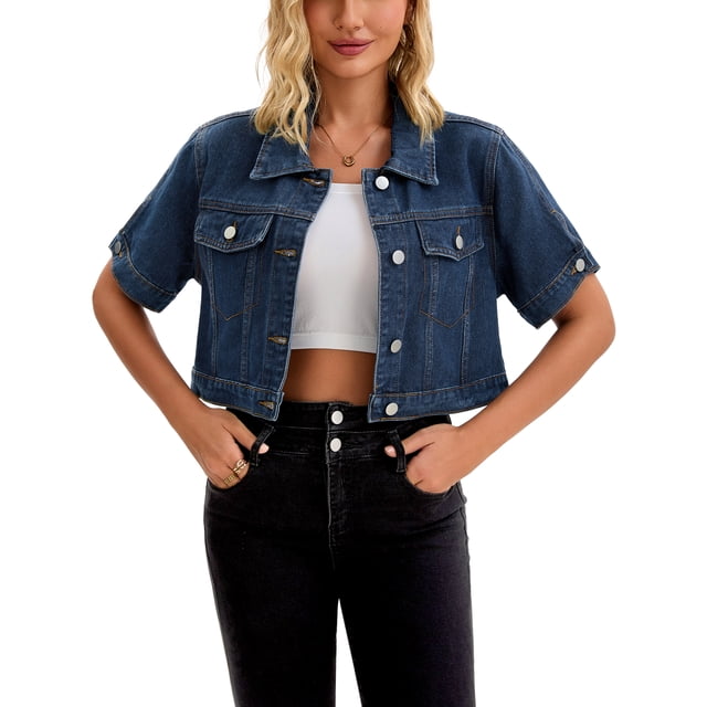Chaqueta de mezclilla recortada de manga corta con botones y deshilachada para mujer INSPIRE CHIC, azul oscuro, talla M