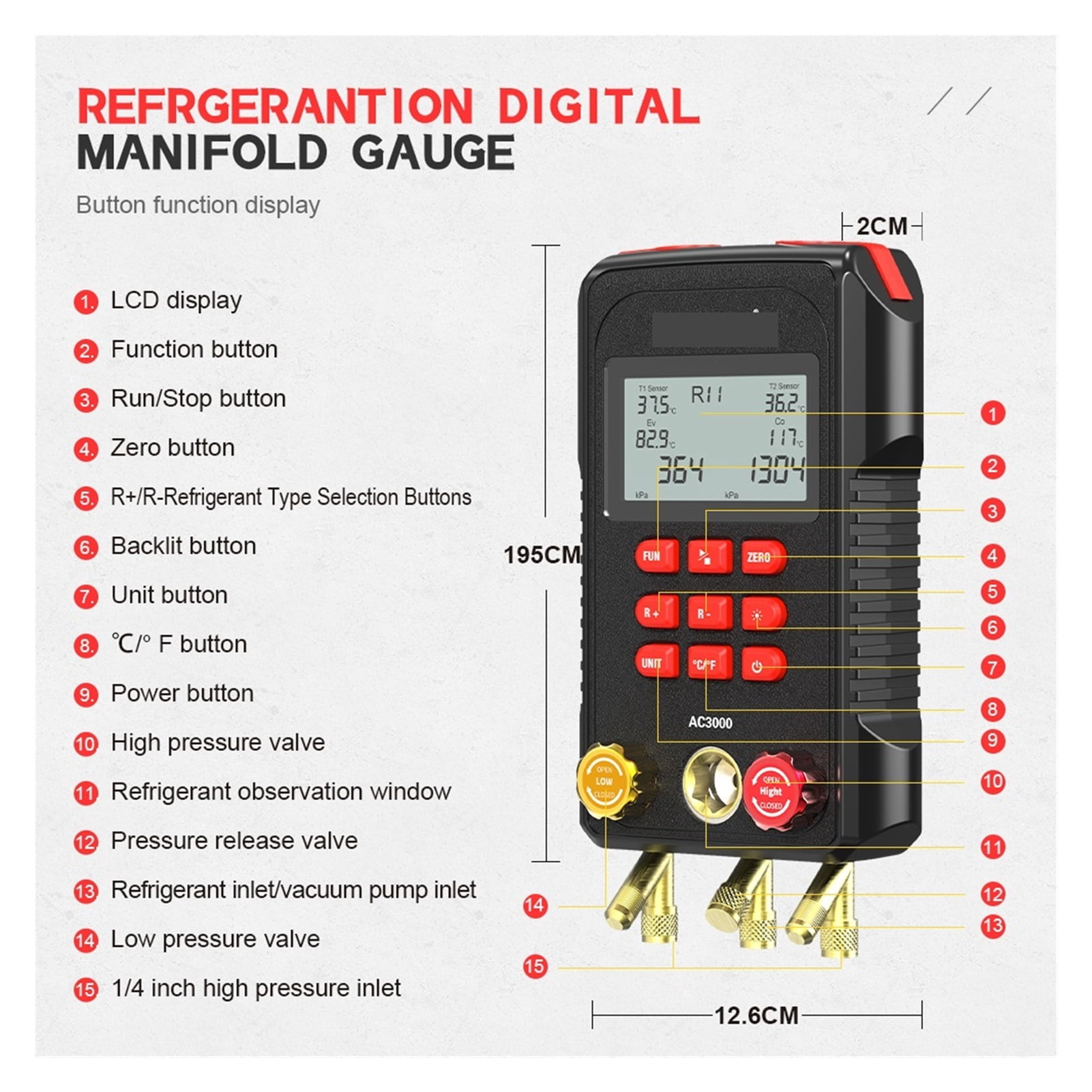 AC3000 Digital Manifold Meter Refrigeration Vacuum Gauge Digital Pressure Temperature Tester Air Conditioning Tools