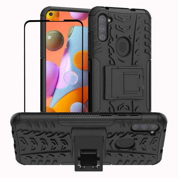 for Samsung A11 Phone Case, Galaxy A11 Phone Case with Screen Protector, Shockproof Silicone Protective with Kickstand Hard Phone Cover for Samsung Galaxy A11 (Black)