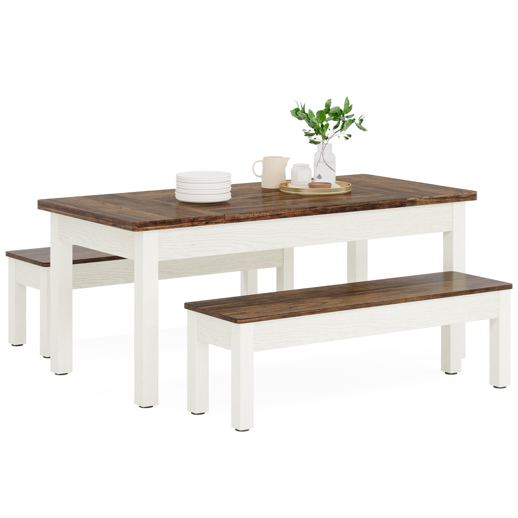 Fnova 3 Pieces Dining Table Set for 4-6 with 2 Benches, 55" Farmhouse Wood Kitchen Table and Space Saving Tuck Under Benches for Kitchen Dining Room