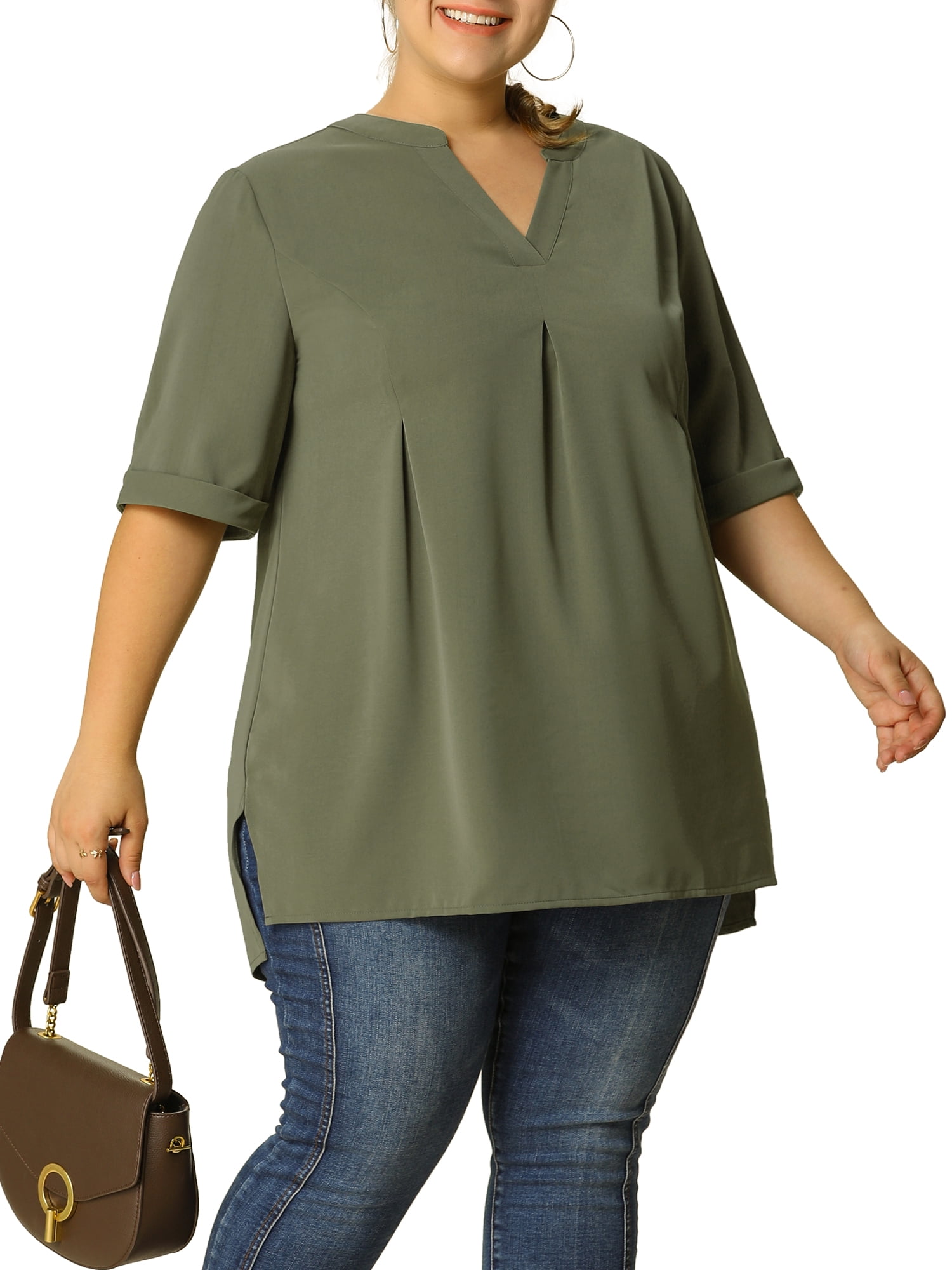 Unique Bargains Women's Plus Dip Hem Blouse V Neck Short Sleeve Tunic Top