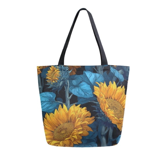 Open Top Canvas Tote Bag with Zipper Reusable Shopping Bag 13.5x15" Roomy Carryall Blue Leaves and Sunflowers