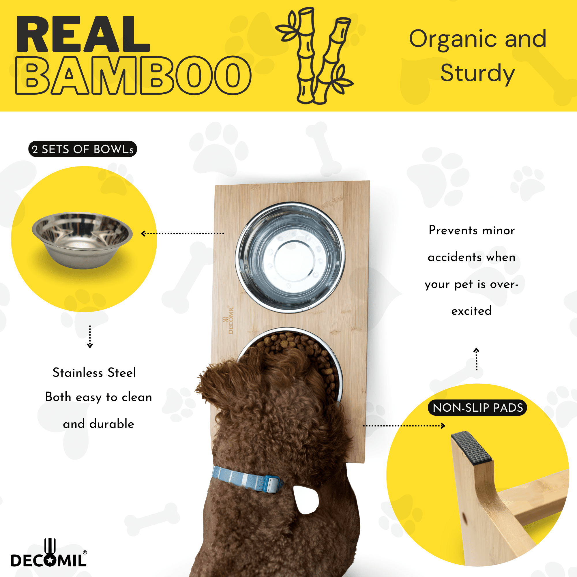 DECOMIL Elevated Dog Bowl Stand with 2 Stainless Steel Bowls, Bamboo Structure, Non-Slip Feet, Easy Assembly, Raised Feeder for Medium Dogs