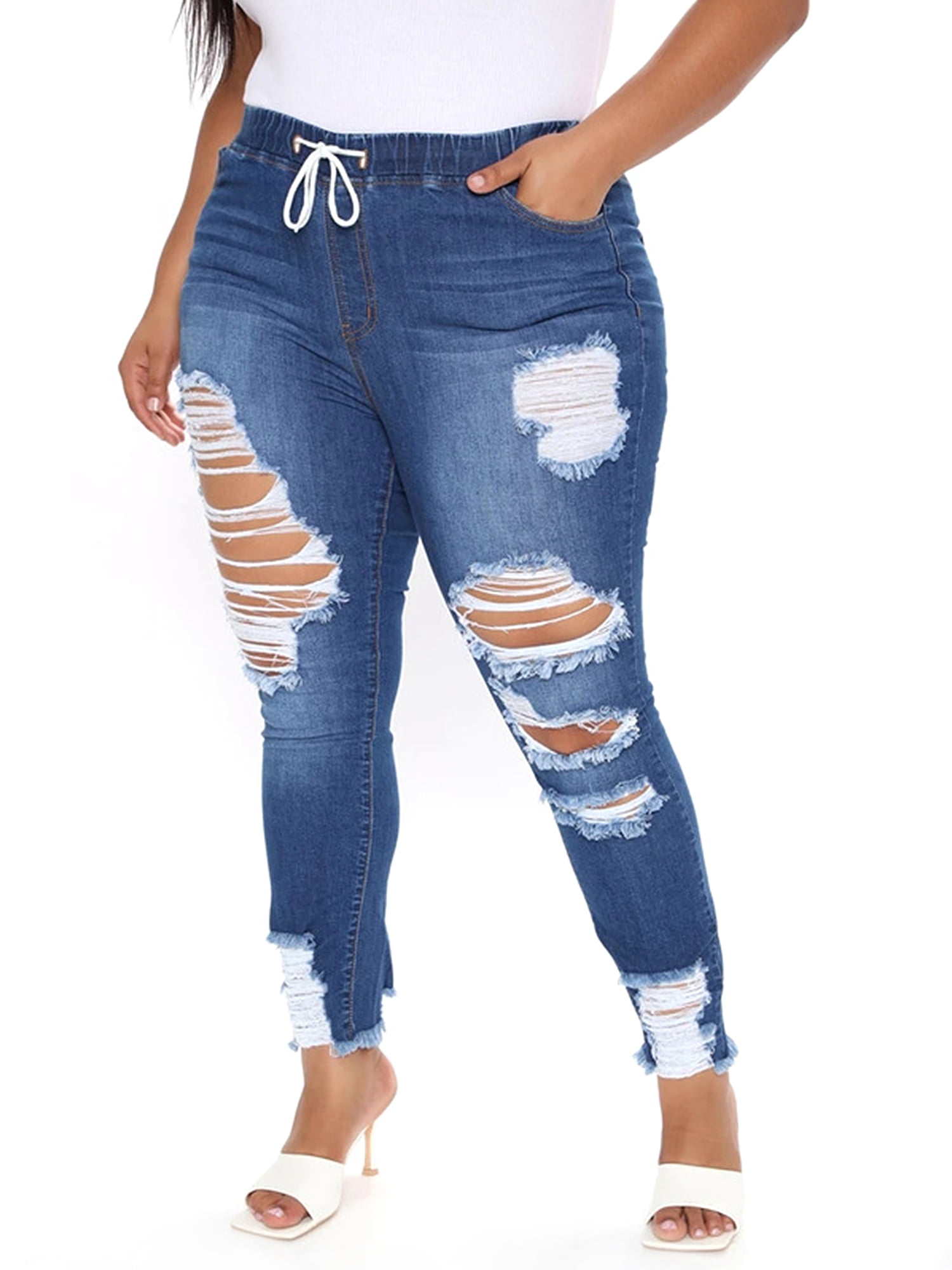 Women Skinny Ripped Long Pants High Waist Stretch Jeans Pants Pencil Trousers 