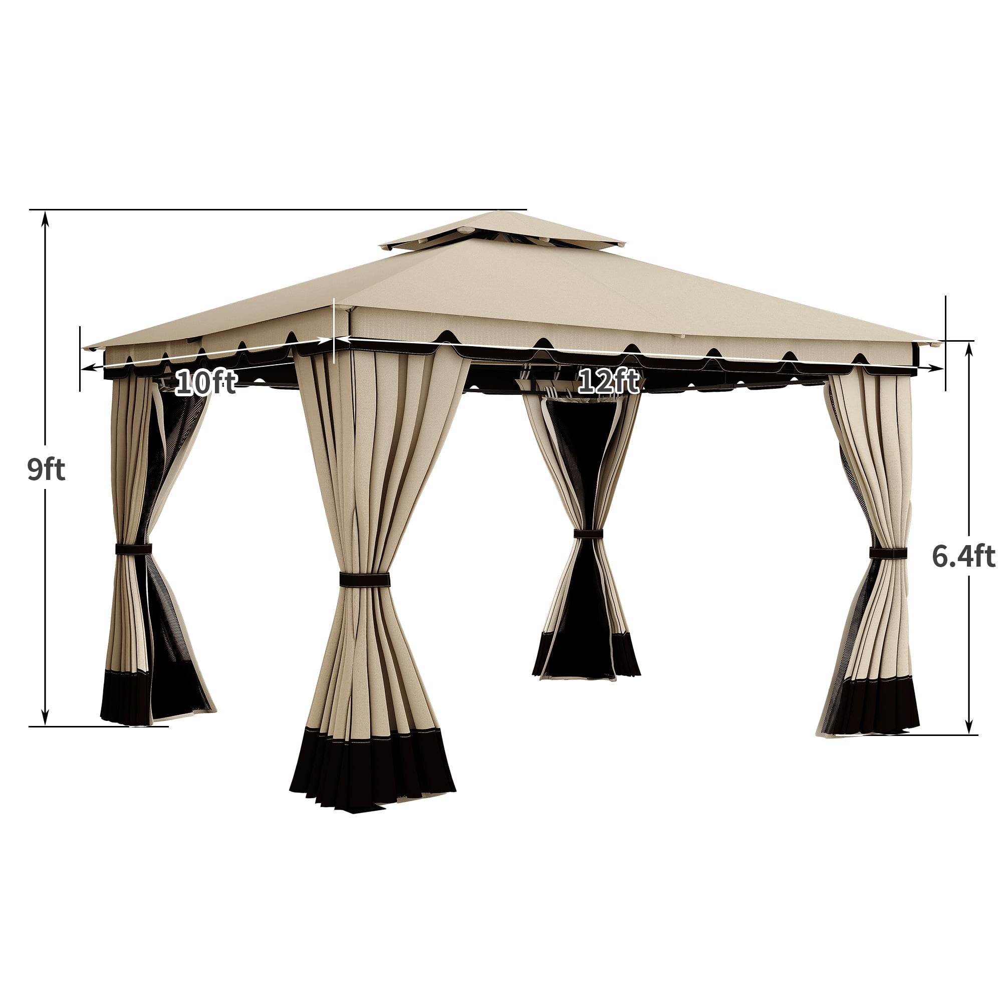 Dextrus 10' x 12' Outdoor Gazebo for Patios, Double Roof Softtop Canopy Gazebo with Mosquito Netting and Curtains, Soft Fabric Top Garden Winds Tent for Lawn, Garden, Backyard and Deck