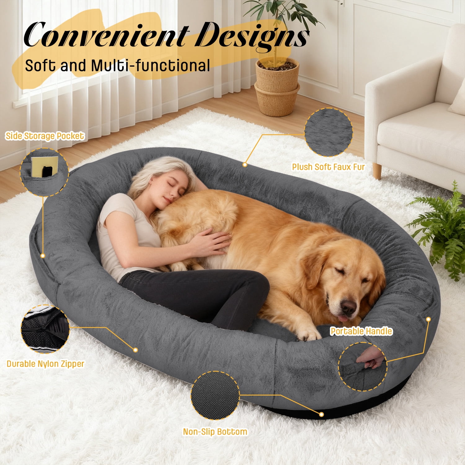 Hidpriva Human Dog Bed for Adults, 71" Extra Large Human-Sized Dog Bed, Washable Faux Fur with Blanket and Pillow,Dark Grey