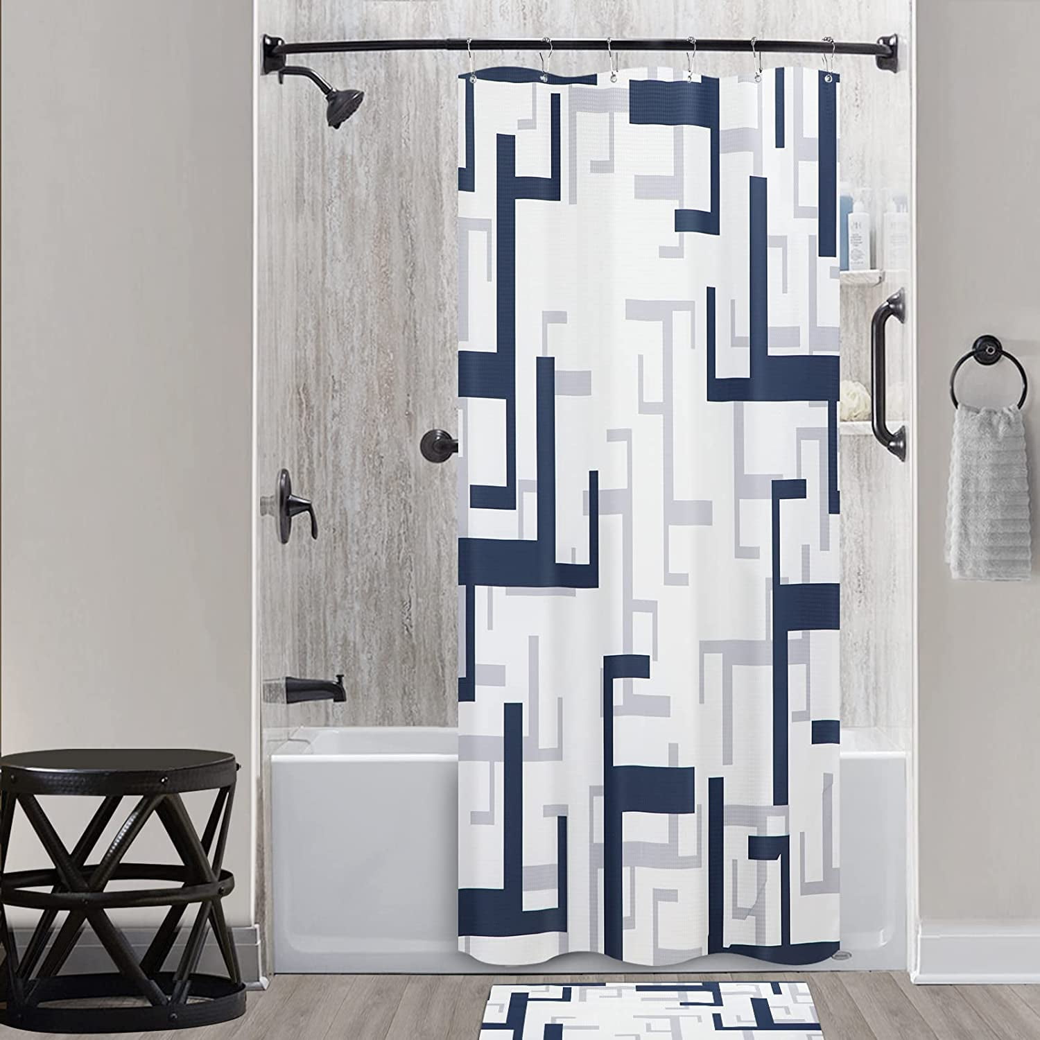 Shower Curtain Sets with Rugs for Bathroom,Navy Grey White Modern Bathroom Shower Curtains