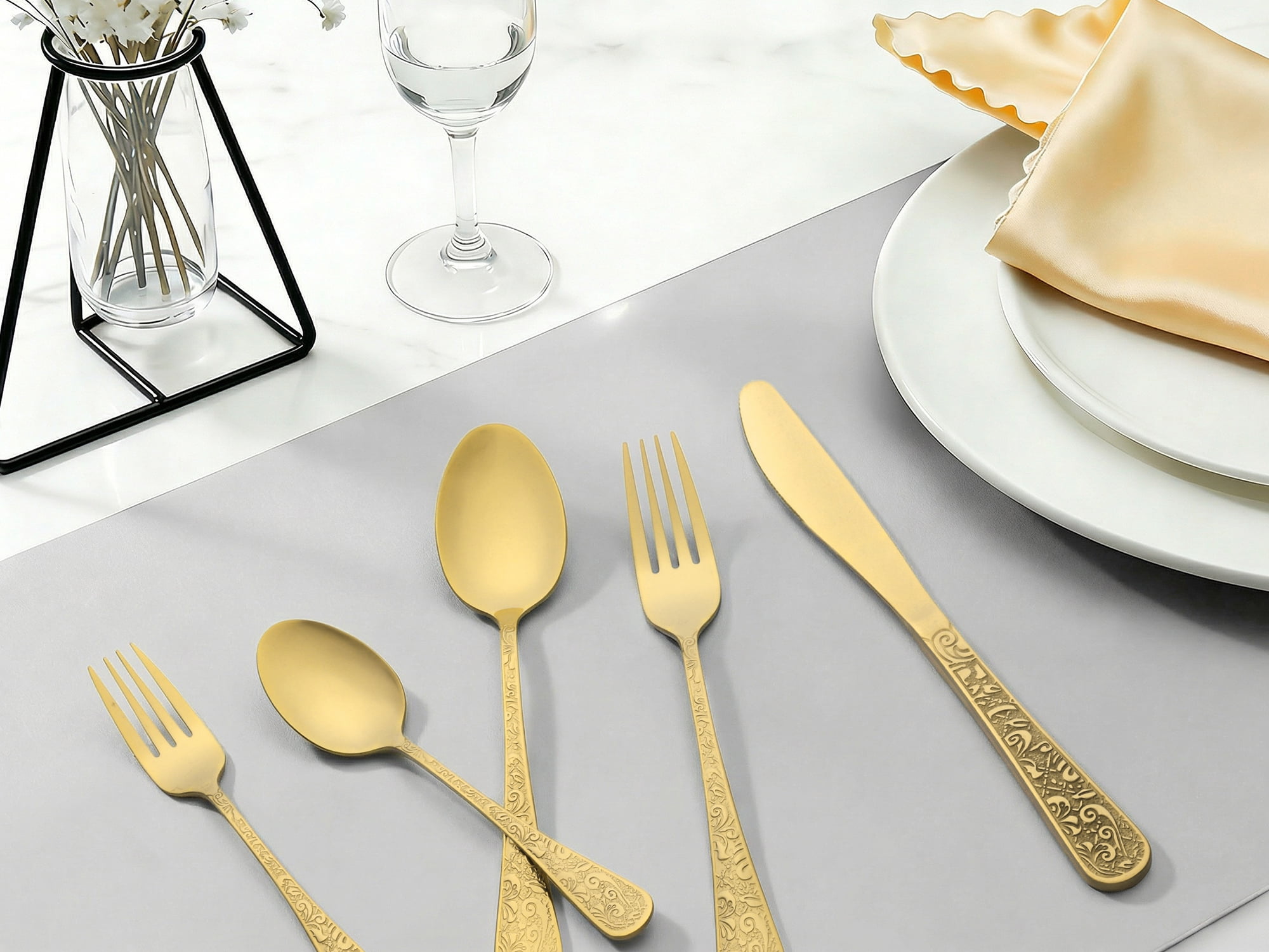 Unique Bargains 20 Pieces Stainless Steel Flatware Set Mirror Polished Cutlery Gold