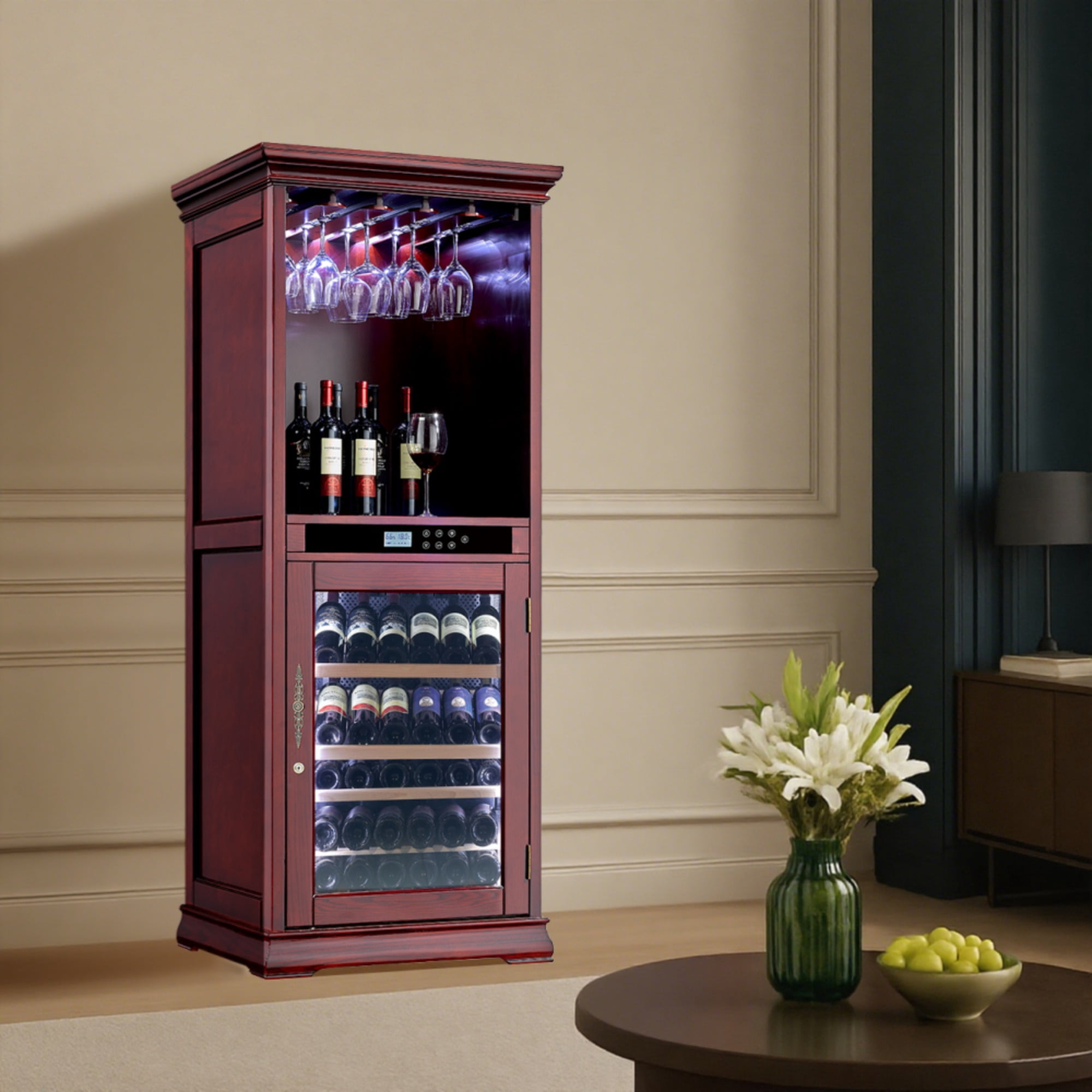 56 bottles Single Zone Wood Wine Cooler with Tempered Glass Door LED Lighting（LTL carry）