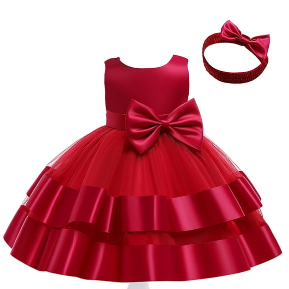 Generic Kids Toddler Baby Girls Princess Pageant Dress Bowknot Sleeveless Tulle Dress with Headbands Party Prom Ball Gown Autumn Winter Clothes for Holiday Party Christmas（5-6 Years Bronze）