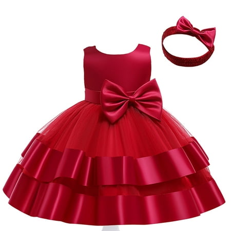 

Kids Toddler Baby Girls Princess Pageant Dress Bowknot Sleeveless Tulle Dress With Headbands Party Prom Ball Gown