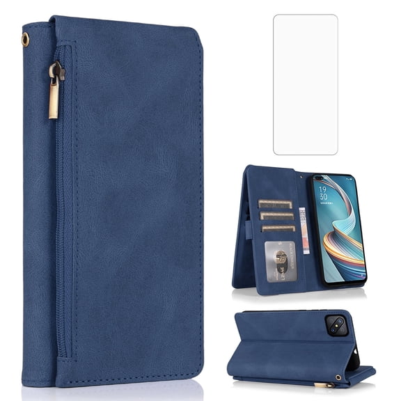 Asuwish Wallet Kickstand Hard Shell Cell Phone Case with Tempered Glass Screen Protector for 0PPO A92s 5G, Blue