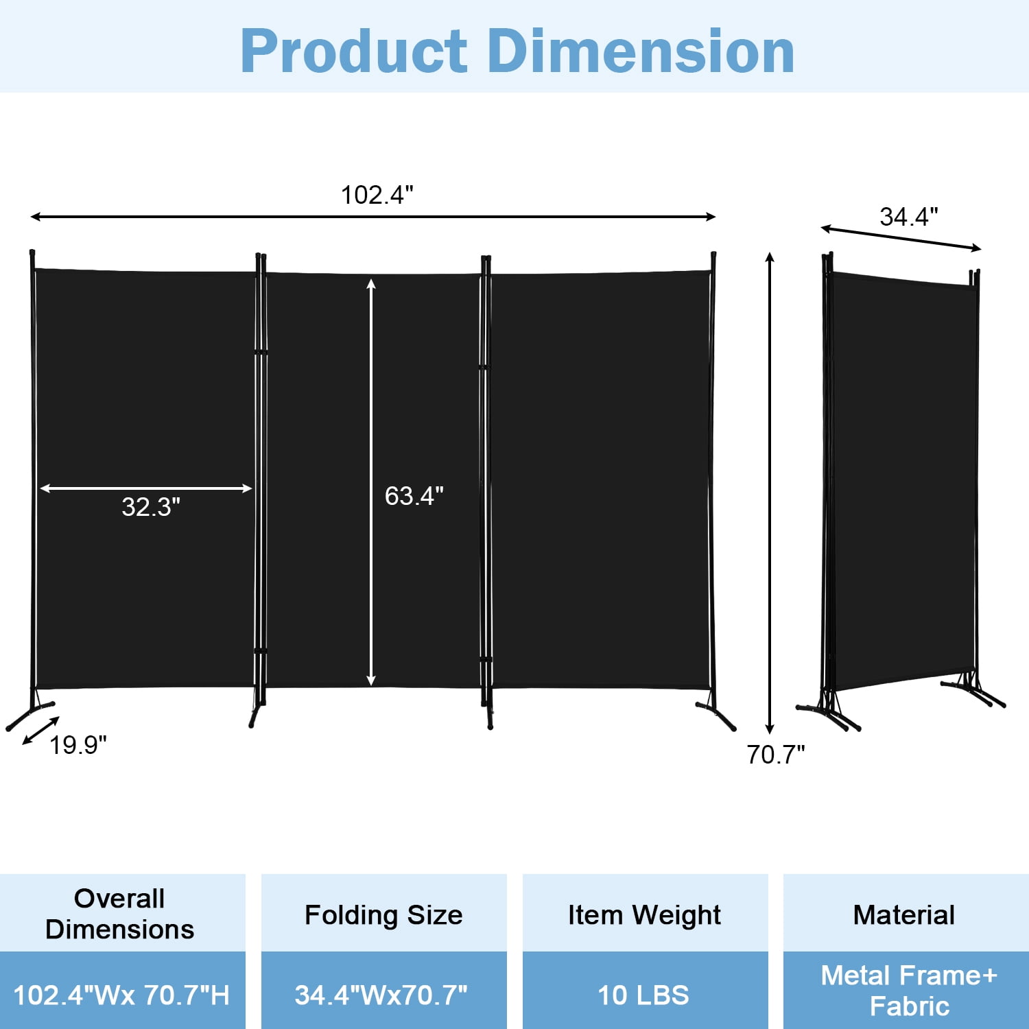 NiamVelo 3 Panel Room Divider Folding Partition Privacy Screens 5.9FT Portable Room Partition with Metal Frame Walls Dividers for Home Office Hospital 102" W x 70" H, Black