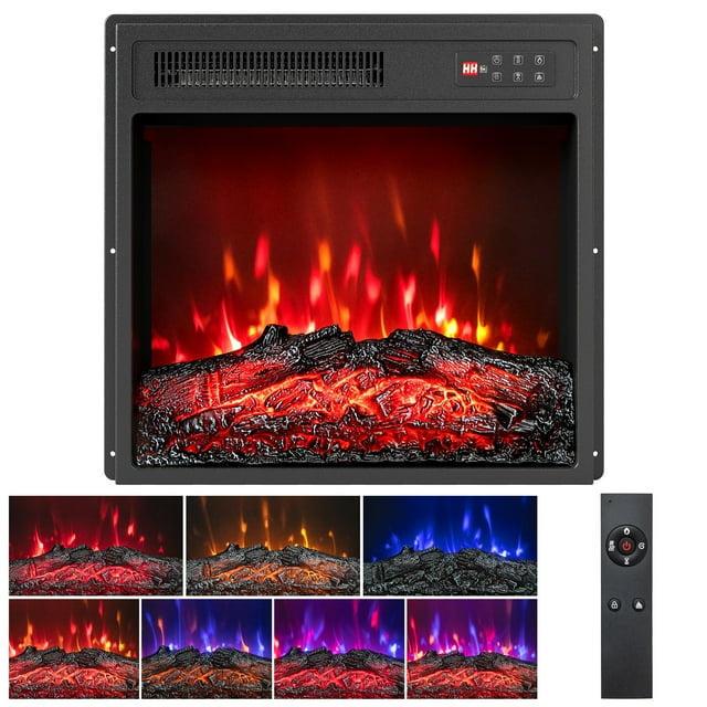 Gymax Insert de Foyer Électrique 18 Pieds' avec options de Chauffage 750W/1500W et Télécommande. Ce Chauffage de Foyer Présente des Effets de Flamme Réalistes avec 7 Couleurs Réglables et 5 Niveaux de Luminosité, Créant une ambiance Personnalisable. design Noir Compact avec devant en Verre Trempé, Convient aux Espaces jusqu'à 400 Pi2. Comprend Verrouillage pour Enfant, protection contre la Surchauffe et certification ETL pour un Fonctionnement Sécuritaire.