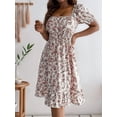thumbnail image 6 of Women's Short Sleeve Floral Print Square Neck Tie Waist Ruffled Hem Midi Dress for Summer Casual White S, 6 of 8