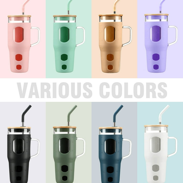 MUKOKO Glass Tumbler with Handle and Capacity Marker 32oz, Silicone Sleeve,  Straw, Leakproof, Car Friendly - Walmart.com