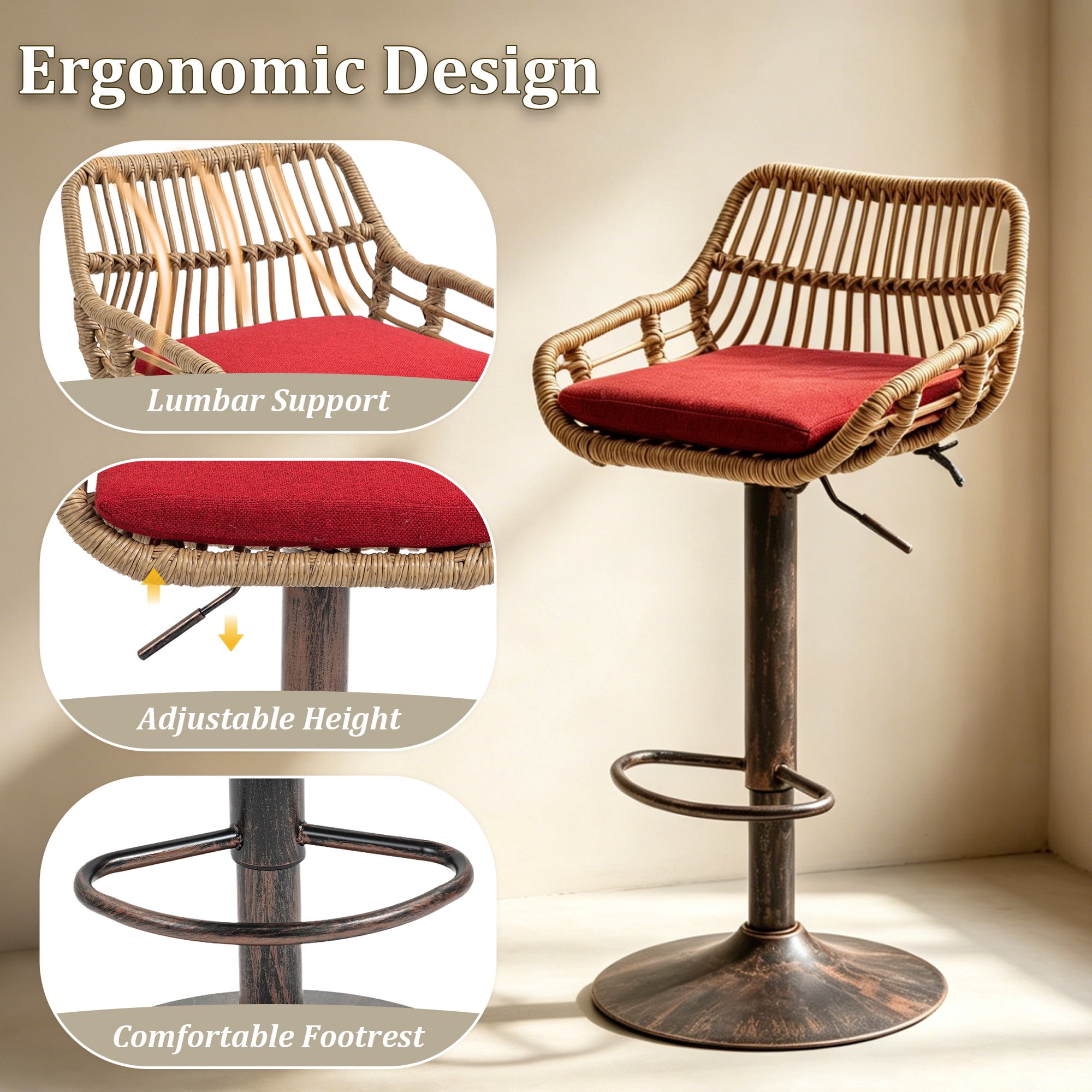 MOONMISS Swivel Bar Stools Set of 2, Modern Adjustable Counter Height Barstools with Back, Rattan Bar Chairs with Cushions & Metal Footrest, Pub Stools for Kitchen, Bar, Dining Room,Red
