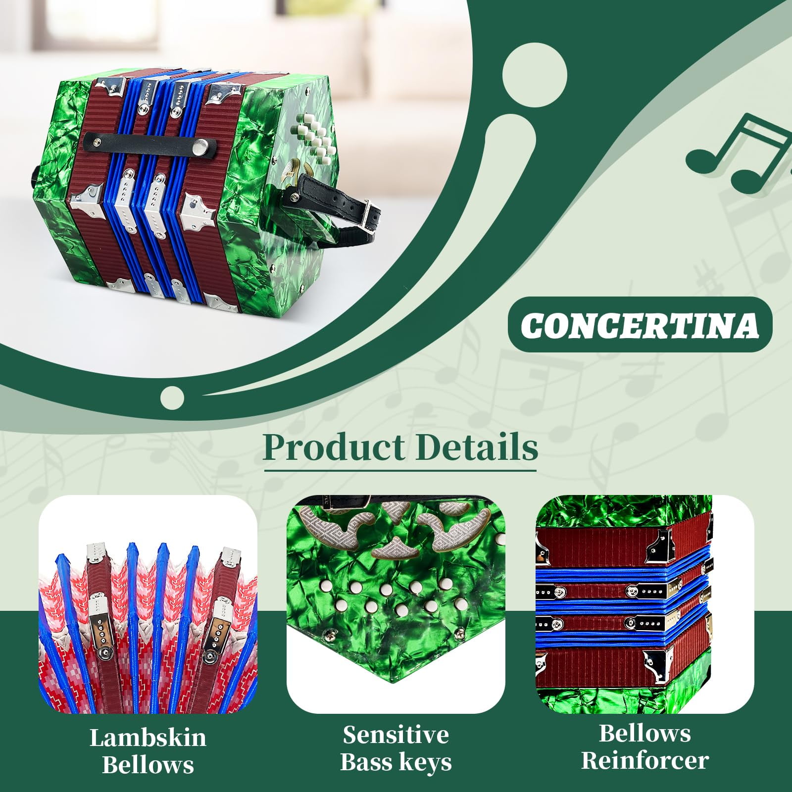 Concertinas,20-Key Accordion for Adults, Professional Accordion for Beginners, Adjustable Hand Straps, Instrument Accessories (Green)