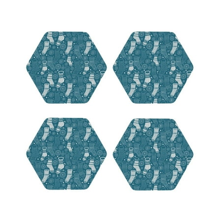 

Fuzoiu Cozy Winter Socks Pattern Print Leather Coasters Set Drink Coasters Set of 4 for Tabletop Protection Durable PVC Coasters Home Décor and Housewarming Gift-Hexagon