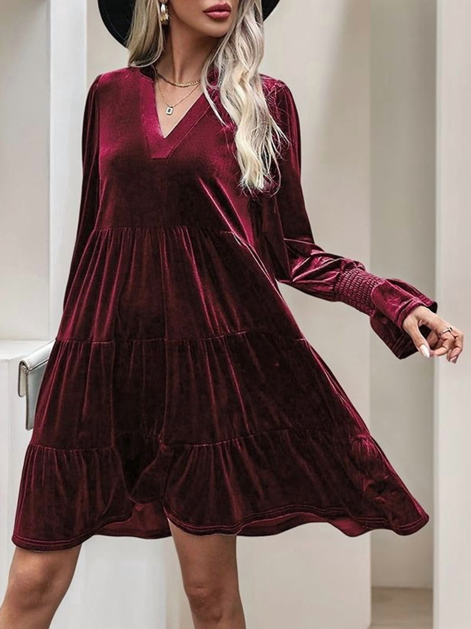 Women'S Elegant Velvet Long Sleeve Dress Casual Fall V Neck A Line Babydoll Flowy Formal Wedding Party Mini Dress Wine Red S