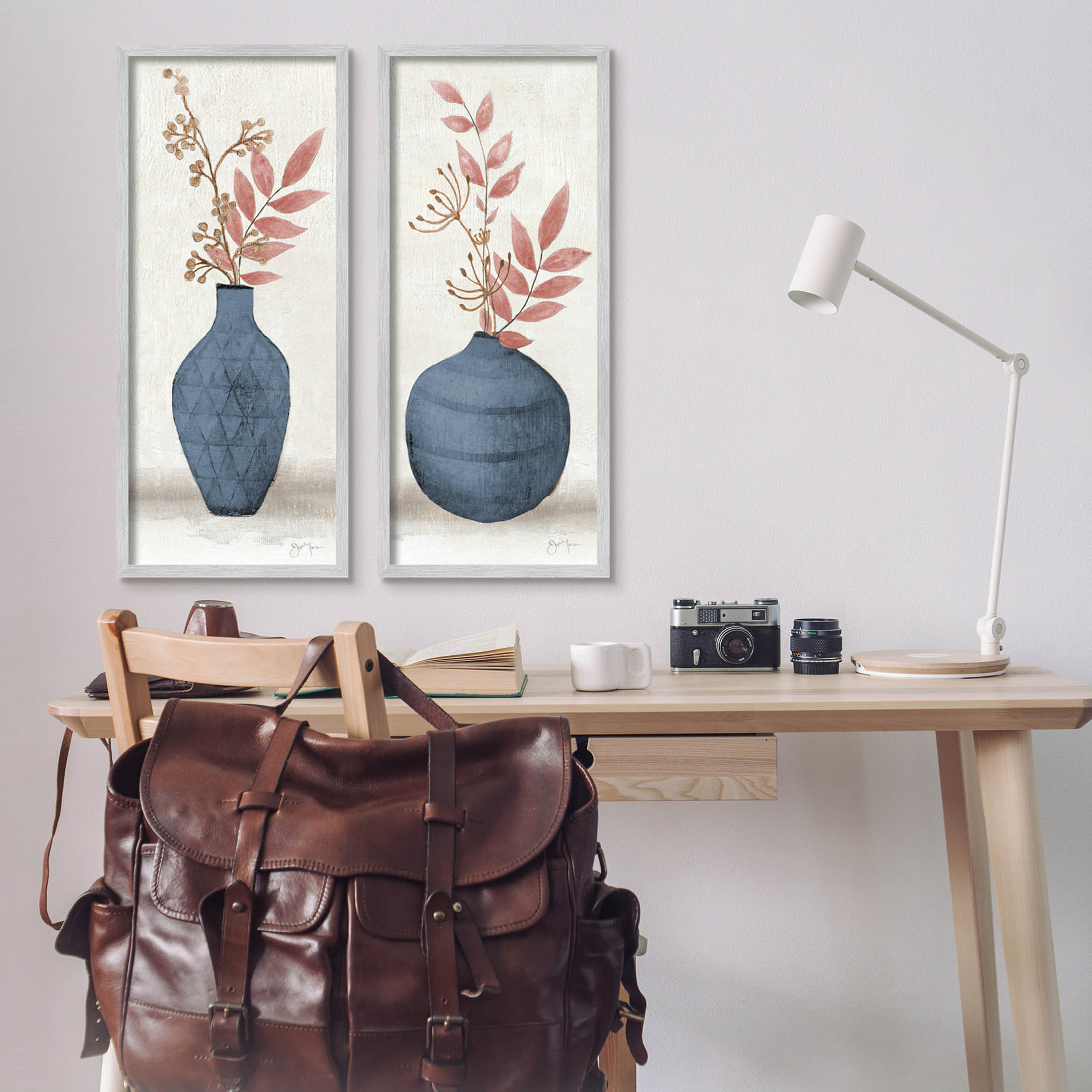 Ikebana Flower Vases Arrangement Botanical & Floral Graphic Art Gray Framed Art Print Wall Art, Set of 2