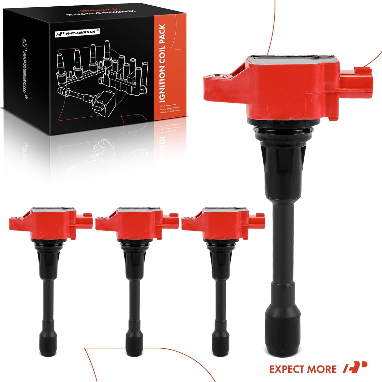A-Premium (Red) Engine Ignition Coil Pack Compatible with Nissan Altima, Rogue, Sentra, Versa, Frontier, Pathfinder, Cube & Infiniti QX60, M56, QX70, Q70, FX50, Q70L & Suzuki Equator, 4-PC Set
