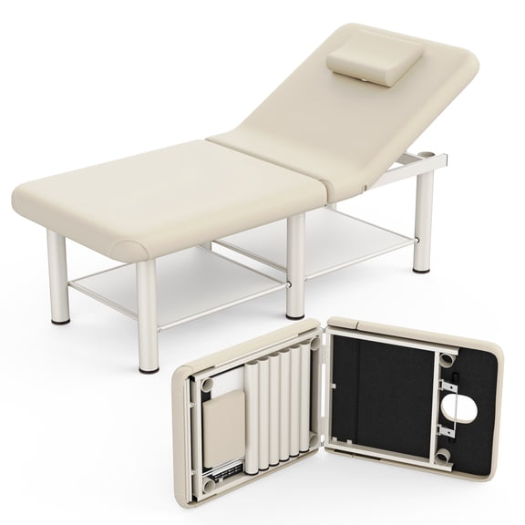 Holaki Heavy Duty Stationary Massage Table, Professional Spa Bed with 700lbs Capacity, Sturdy Metal Frame, Waterproof PU Leather, Ideal for Beauty, Tattoo, Reiki, Massage, Physiotherapy, Beige