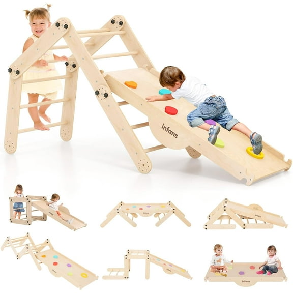 INFANS 12 in 1 Climbing Toys for Toddlers, Upgrade Wooden Montessori Foldable Triangle Climber Set with Reversible Ramp Slide Ladder Seesaw, Indoor Pikler Climb Activity Jungle for Kids Age 3