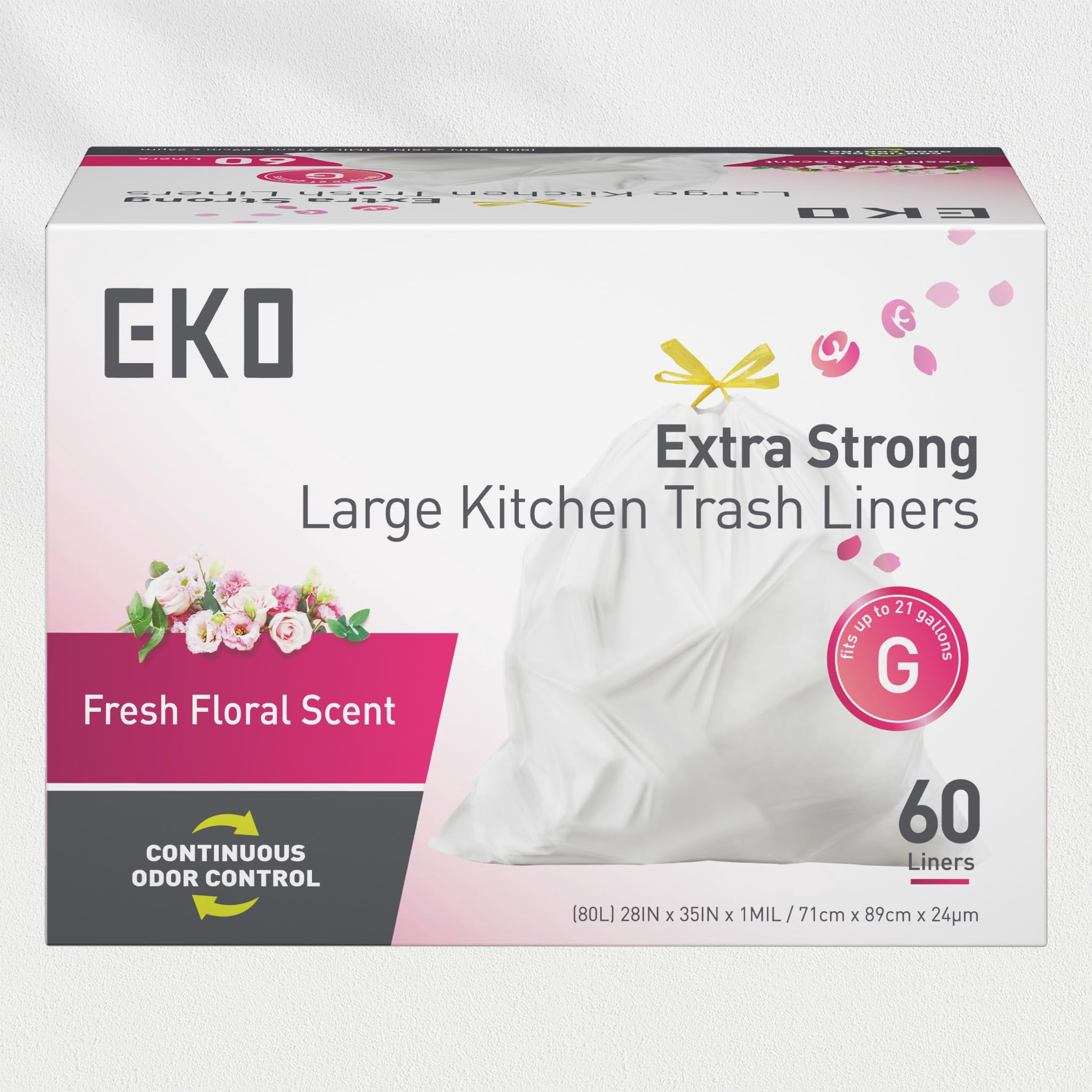 Eko 21 Gallon / 50-90 Liter  60 Count Drawstring Trash Bags Extra-strong Garbage Fresh Floral Scent With Continuous Odor Control Easy-dispense Roll For Kitchen And Household Use Code G White