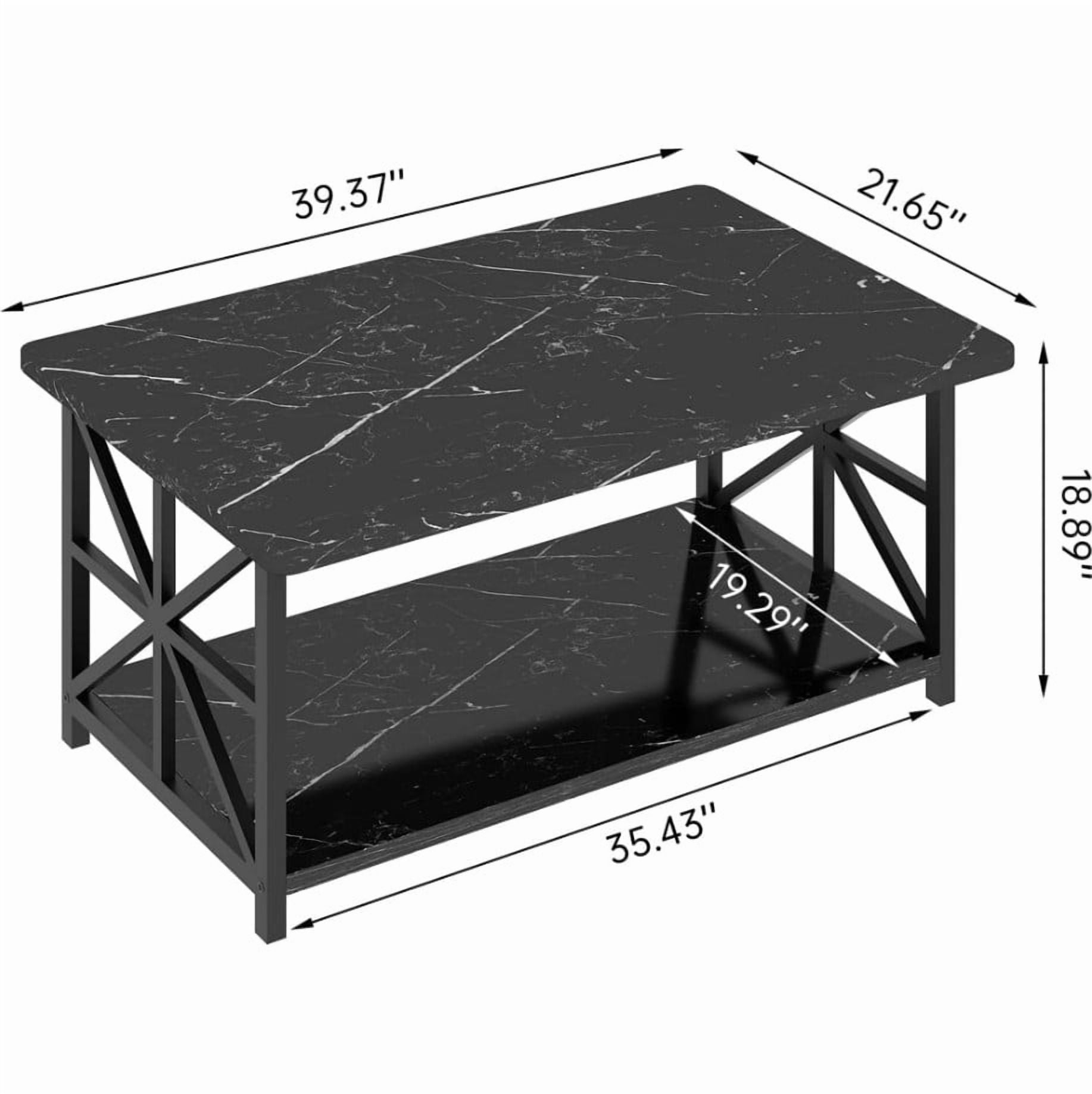 LinkRomat Rectangular Coffee Table with Storage Shelf, 2-Tier Center Table with Rounded Corners for Living Room, Small Spaces, Easy Assembly, Black
