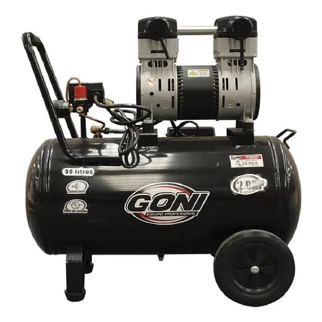 compresor silencioso 2hp cap 50 litros marca modelo estilo tipo compresor de tanque horizontal amarillo con motor montado encima, depósito de 50 litros con ruedas y pie de apoyo, manija de transporte y regulador visible; apto para herramientas neumáticas y labores de taller.