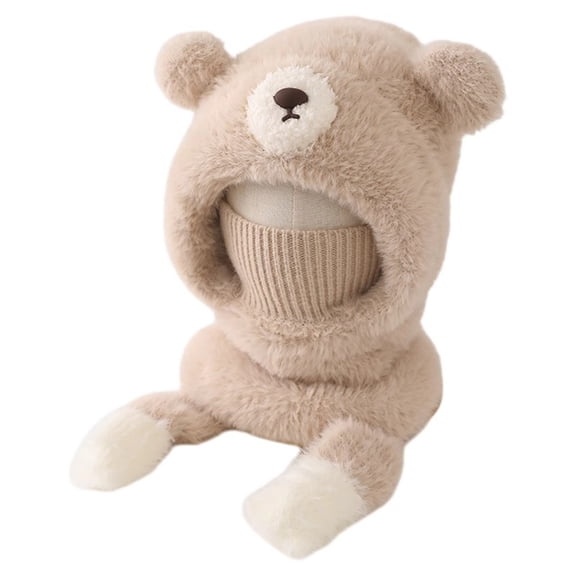 Okli_Rsoe Kids Winter Faux Mink Hooded Scarf Hat, Warm Plush Integrated Earflap Cap, Beige