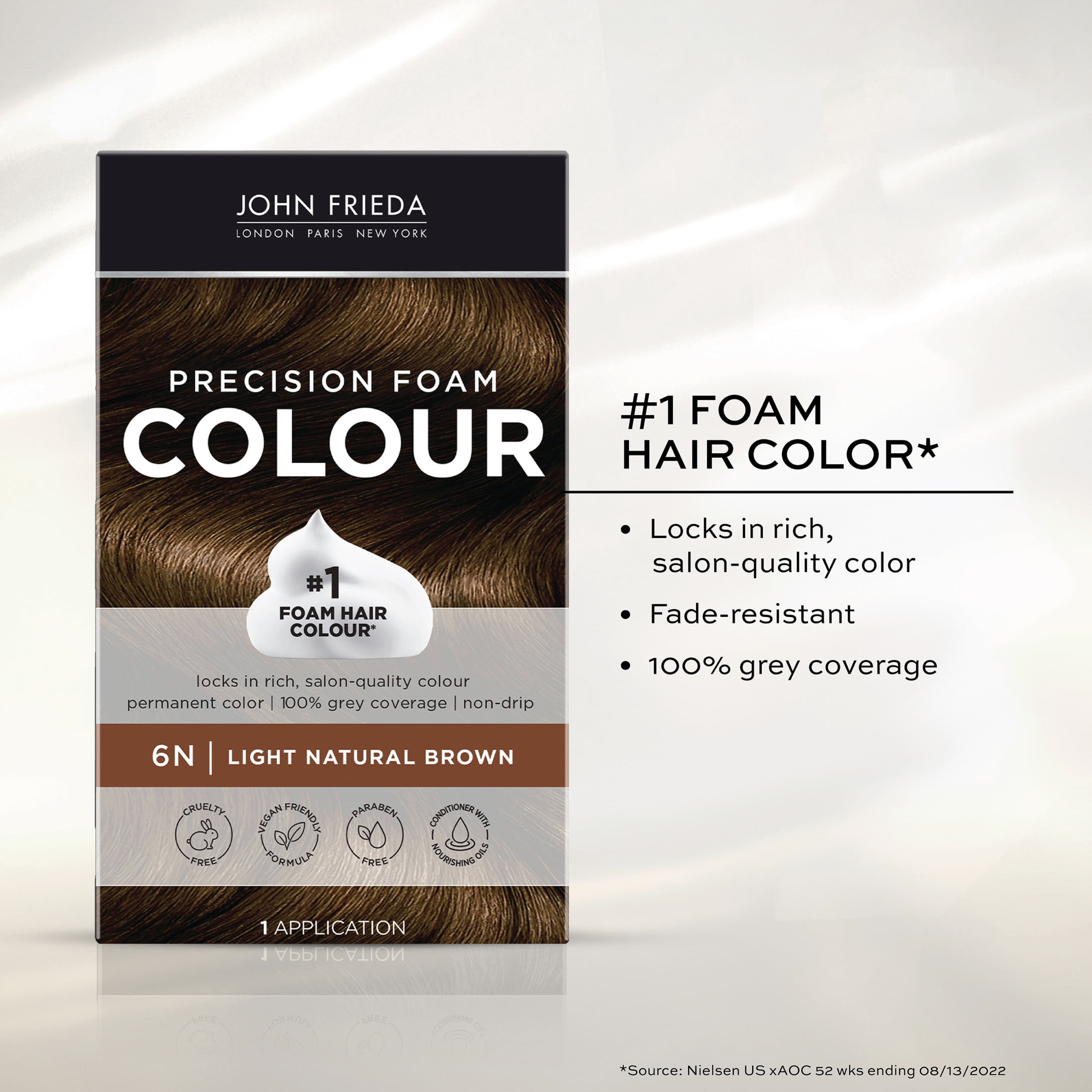 John Frieda Precision Foam Brown Permanent Hair Dye Color Kit, 6N Light Natural Brown, 1 Application
