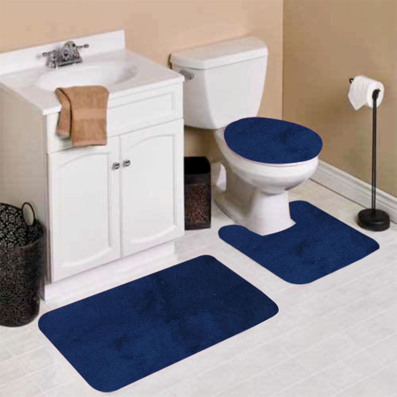 6 Navy Blue 3Piece Egyption Design Bathroom Mat Set, Plain Embossed