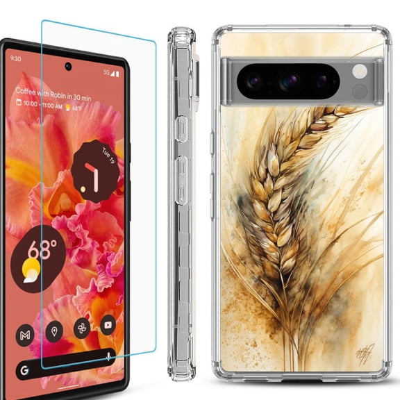 OneToughShield ® Compatible with Google Pixel 8 Pro, Shockproof Phone Case, with Tempered Glass Screen Protector - Wheat Painting