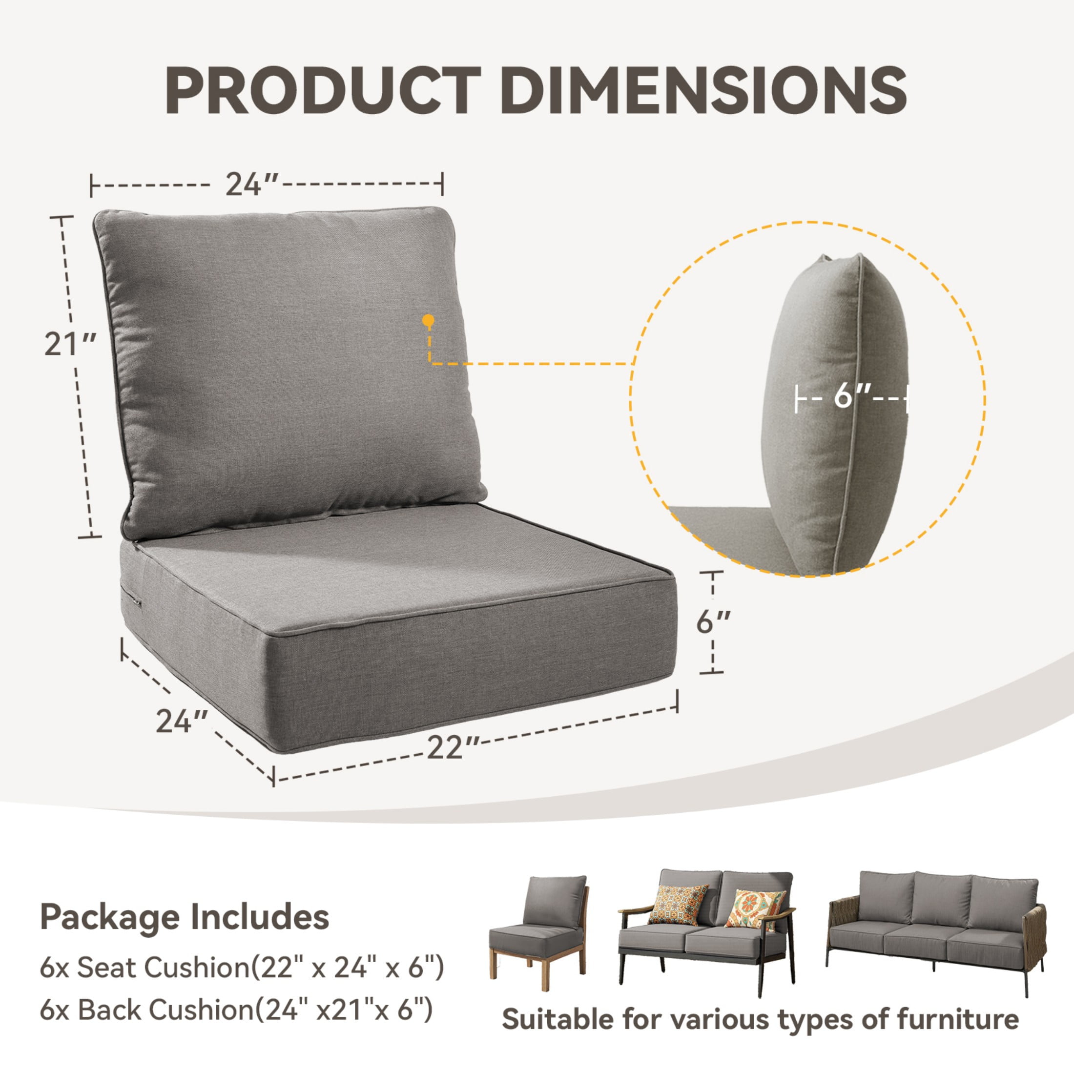 Unnifurnzi Patio Chair Cushions Set of 6-22 x 24 x 6 Inch Outdoor Furniture Cushion with Water Resistant & Removable Cover Outdoor Chair Cushion for Outdoor Furniture Sofa Couch-Gray