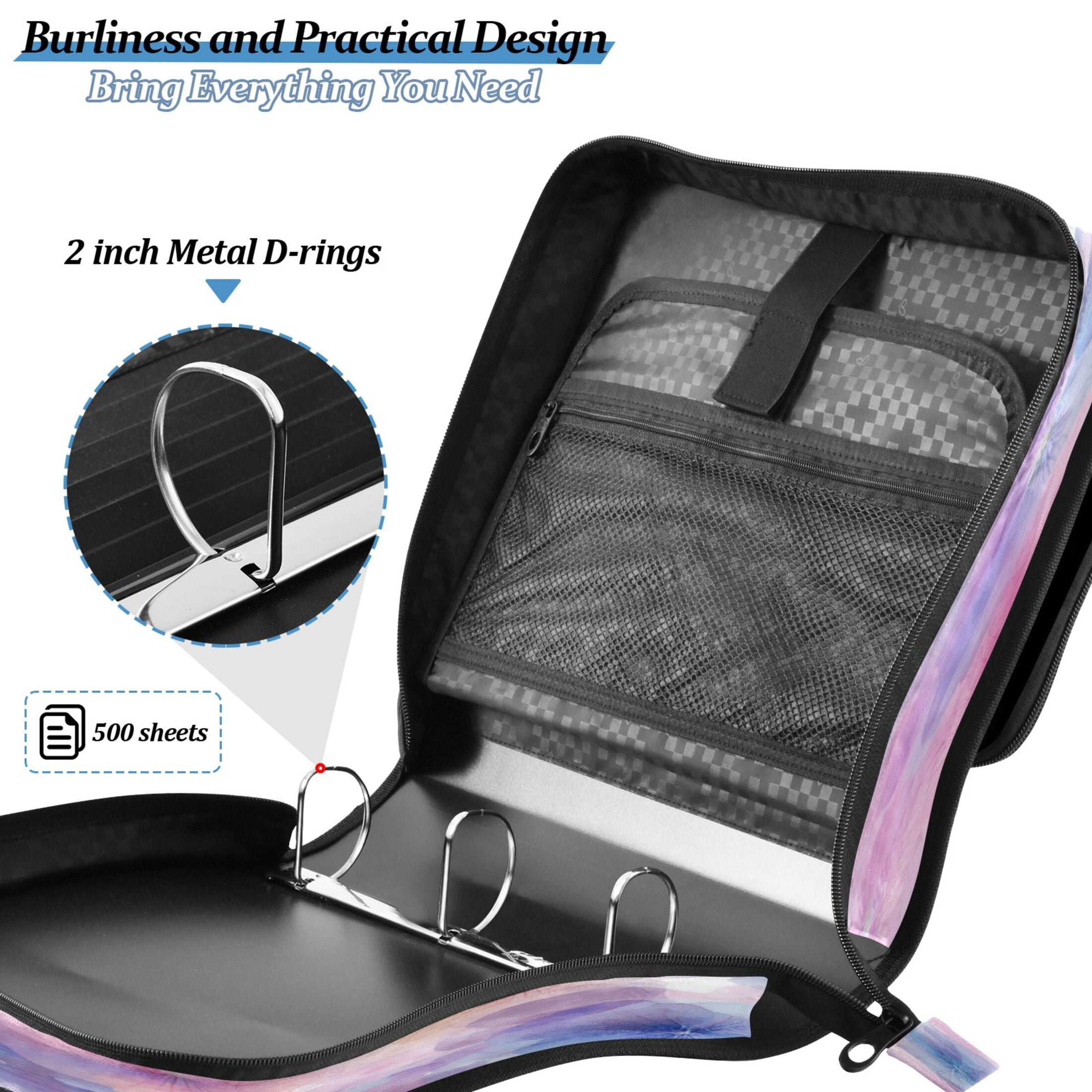 3 Ring Zipper Binder Stationery Organizer for Study Work Home Travel, All-Purpose File Folder Storage Bag for Daily Document Organization Translucent Bloom Print