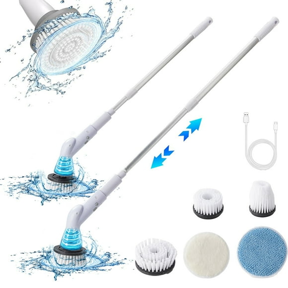 Dvkptbk Electric Spin Scrubbers Spin Scrubbers with 5 Replaceable Brush Heads and Adjust Extension Handle Power Cleaning Brush for Bathroom Floor Tile White Cleaning Brush Sweeping Cleaning Supplies