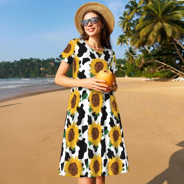 Picia Cute Cow Print Sunflower B Pattern Women's Short Sleeve Summer Dress Pleated Loose Swing Knee Length Short Sleeve Swing Dresses