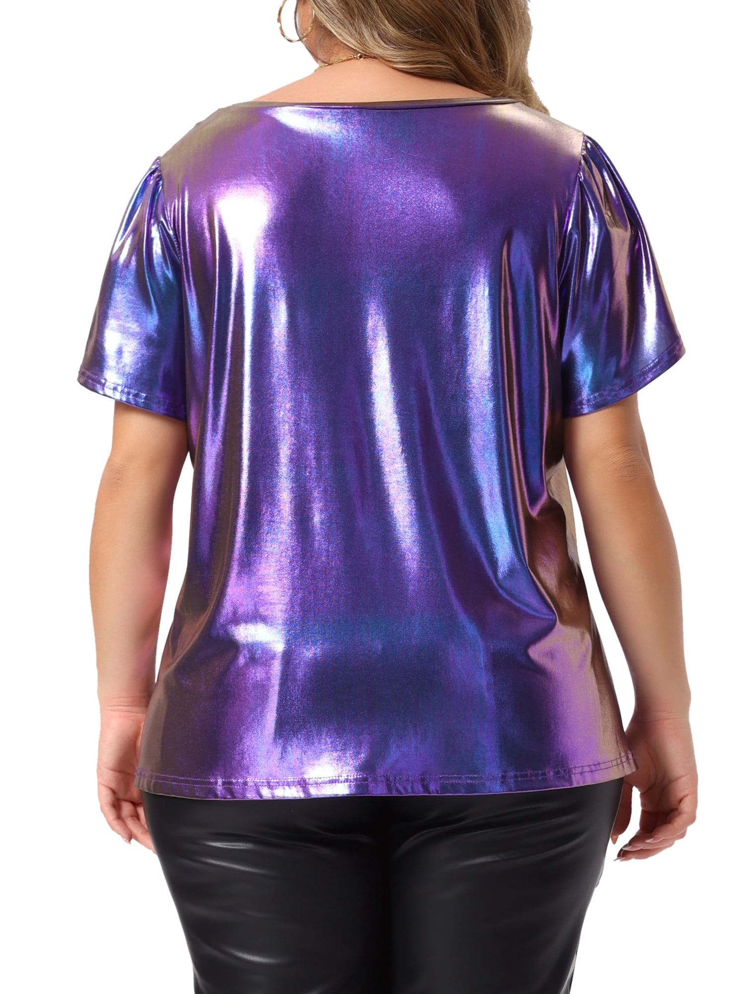 DARING DIVA Women's Plus Metallic Crew Neck Short Sleeve Tops 4X Purple