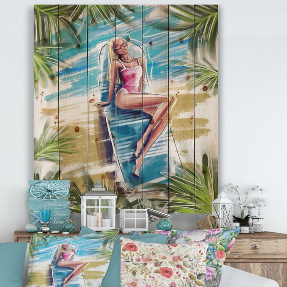 Designart 'Portrait Beautiful Blond Model At The Beach Sunbathing' Nautical & Coastal Print on Natural Pine Wood
