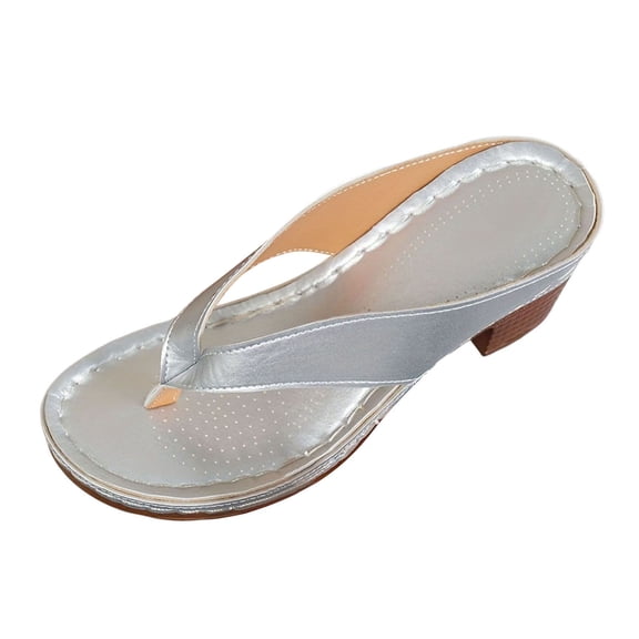 Wovix Women's Sandals Thong Shoes Chunky Heel Flat Shoes Simple Beach Slippers Indoor Outdoor Shoes Silver 36