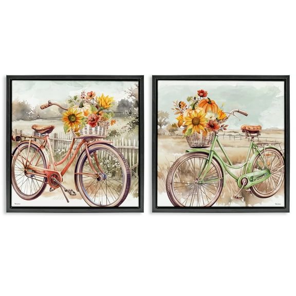 Stupell Industries Rustic Autumnal Bicycles Transportation Painting Black Floater Framed Canvas Art Prints Wall Art, 18 x 18, Set of 2