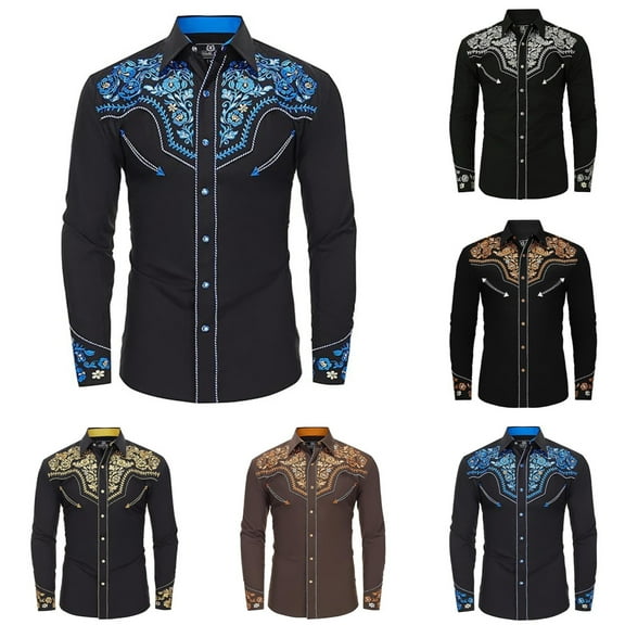 HOWPAY Western Shirts for Men Vintage Embroideres Cowboy Loose Fit Long Sleeve Button down Lapel Collar Lightweight Tops Casual Fall Outfits Blue L