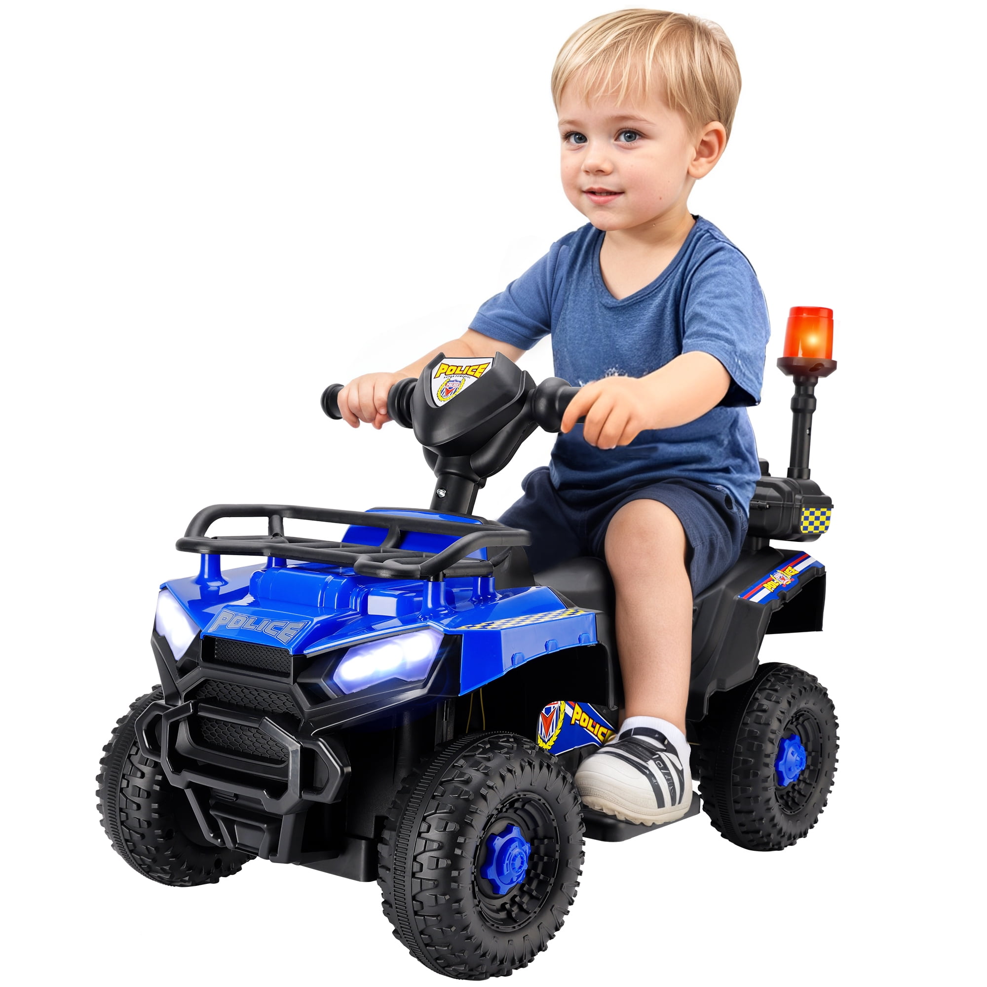 Bruce&Shark Police Car Ride on, Electric ATV Four Wheeler for Kids, Powered Ride on ATV Toys, Cop Cars with Siren, Flashing Lights, Blue